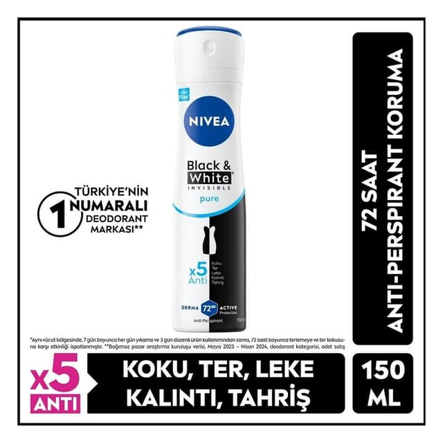 Kadın Sprey Deodorant Black&white Invisible Pure 150ml, 72 Saat Anti-perspirant