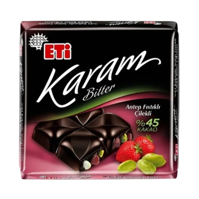 Karam %45 Kakaolu Antep Fıstıklı Çilekli Çikolata 60 Gr